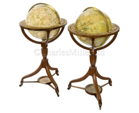 A PAIR OF 15IN. LIBRARY GLOBES BY J. &amp; W. CARY, LONDON, 1820 plaster cores with coloured paper gores, signed in cartouche