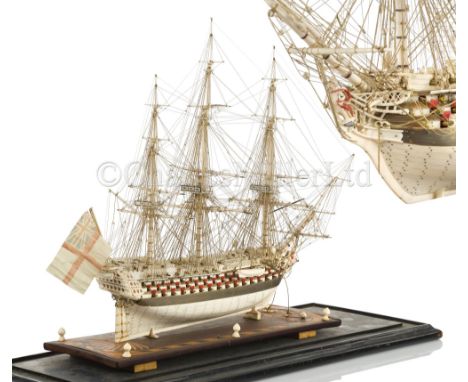 A FINE FRENCH NAPOLEONIC PRISONER-OF-WAR BONE MODEL FOR H.M.S. CALEDONIA the 10in. hull planked and pinned with bone, baleen 