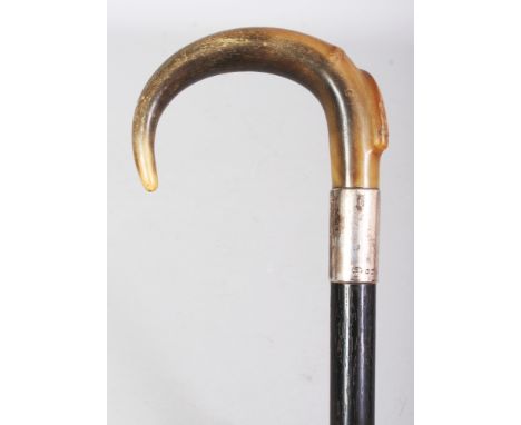 A RHINO HORN HANDLED WOOD WALKING STICK, with a plain hallmarked silver collar, the rhinoceros horn of yellow-grey tone and w