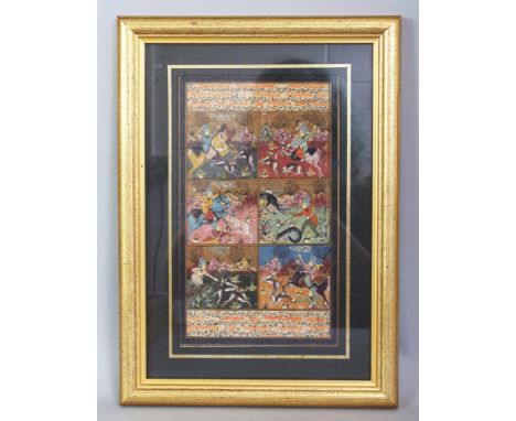 A 20TH CENTURY FRAMED PERSIAN PAINTING ON PAPER, depicting six detailed hunting scenes within borders of script, the frame 13