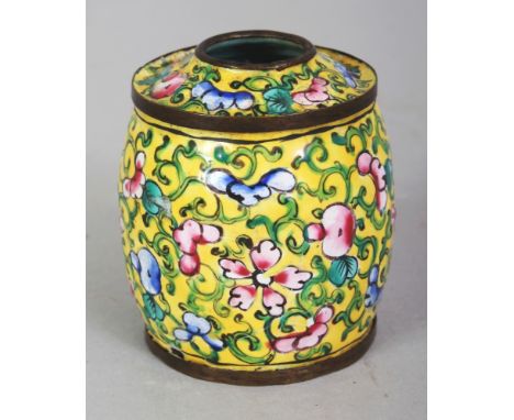 A SMALL 19TH/20TH CENTURY CHINESE YELLOW GROUND CANTON ENAMEL POT, decorated with formal scrolling flowerheads, 2.2in high.