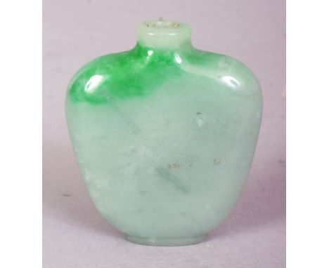 A GOOD QUALITY 19TH/20TH CENTURY CHINESE APPLE-GREEN JADE SNUFF BOTTLE, of flattened ovoid form, 1.7in wide at widest point &