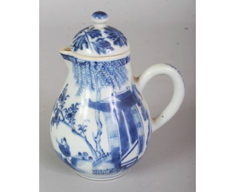 A CHINESE KANGXI/YONGZHENG PERIOD BLUE & WHITE SPARROW BEAK PORCELAIN JUG, with later cover, the sides painted with a scene o