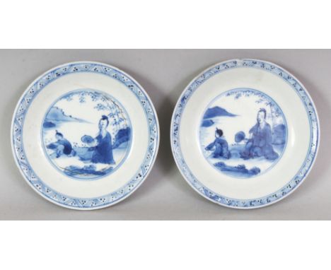 A SMALL PAIR OF CHINESE KANGXI PERIOD BLUE & WHITE PORCELAIN DISHES, circa 1700, each painted with a scene of a seated sage a