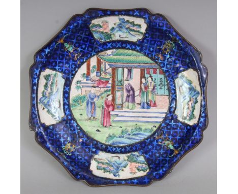 A 19TH CENTURY CHINESE CANTON ENAMEL DISH, of octagonal form with indented corners, the centre decorated with a figural terra