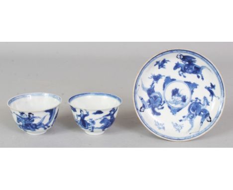 A GROUP OF THREE SIMILARLY DECORATED CHINESE KANGXI PERIOD BLUE & WHITE PORCELAIN TEA WARES, circa 1700, the two teabowls 2.4