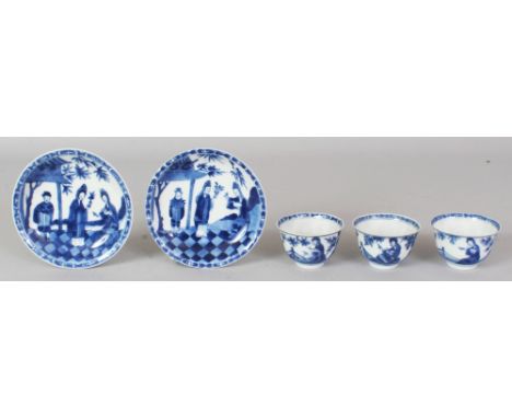 A GROUP OF FIVE SIMILARLY DECORATED CHINESE KANGXI PERIOD BLUE & WHITE PORCELAIN TEA WARES, circa 1700, the three teabowls 2.