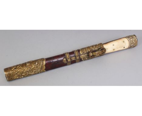 A GOOD 19TH CENTURY SINO-TIBETAN CHOPSTICK & KNIFE TRAVELLING SET, the bamboo case overlaid with embossed metalwork, the chop