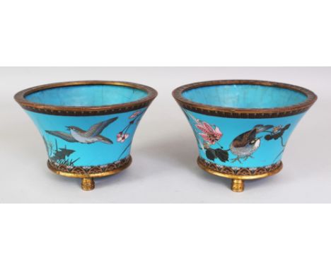 A PAIR OF GOOD QUALITY JAPANESE MEIJI PERIOD CLOISONNE TRIPOD JARDINIERES, each decorated against a vivid turquoise ground wi