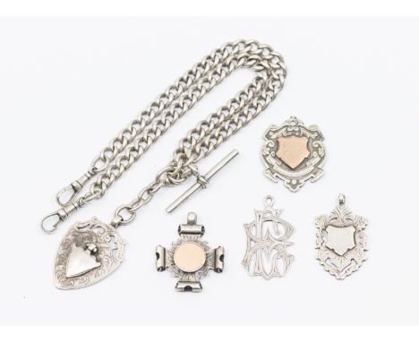 A collection of four silver and one white metal fobs, one upon silver Albert watch chain. Approx. weight 3.06ozt.   Further d