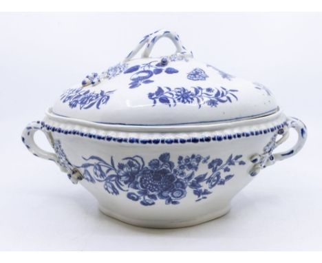A Worcester Crescent Period blue and white tureen, in a floral and fruit design. Further Details: Some old repairs and cracks