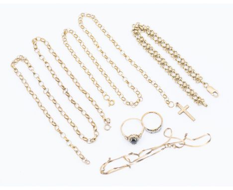 A quantity of weighable 9ct gold jewellery to include, two 9ct gold belcher chains, a 9ct gold fancy link bracelet, a 9ct dia