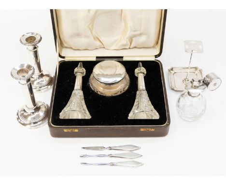 A collection of silver vanity items to include;  1) A cased vanity set comprising of two George VI cut glass and silver colla