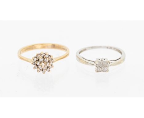 Two diamond set 9ct gold dress rings, to include a 9ct white gold square ring, square setting set with four small princess cu