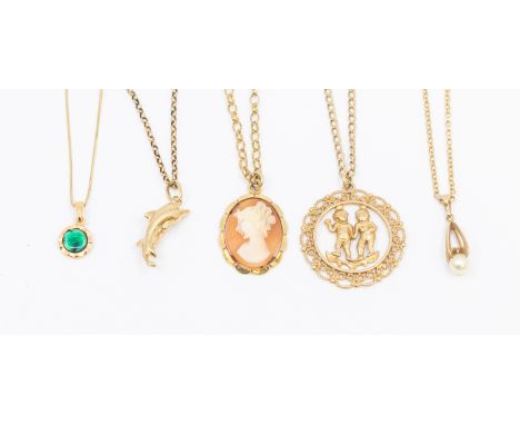 A collection of five 9ct gold chains, suspending various four 9ct gold pendants including a dolphin, cameo, pearl set pendant