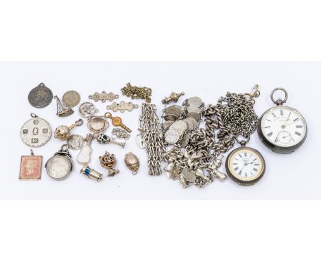 A collection of silver and white metal jewellery to a silver charm bracelet with various charms including an enamel clover le