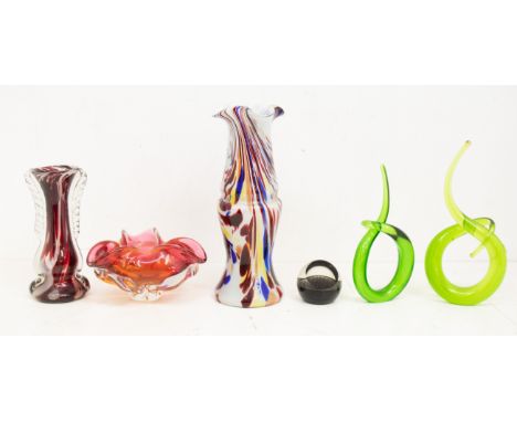 Murano and other glass. A collection of five pieces to include: a large multi-coloured Romanian vase with fluted rim; a bowl 