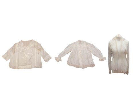 Edwardian blouses to include a cream silk blouse with a scalloped neckline, with white work floral embroidery, 3/4 length sle