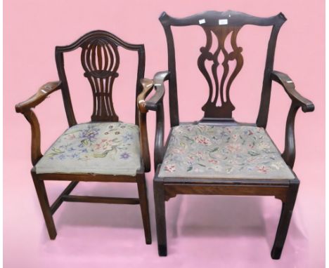 Two 18th century George III arm/carver chairs, one in Chippendale style with scrolled arms, both with tapestry seats.