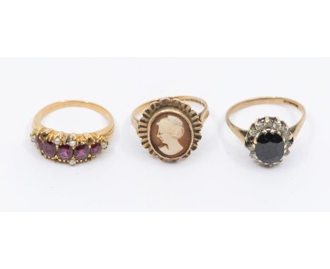 A collection of gold rings to include a 19h century ruby and pearl set gold ring (some pearls missing) unmarked possibly 15ct