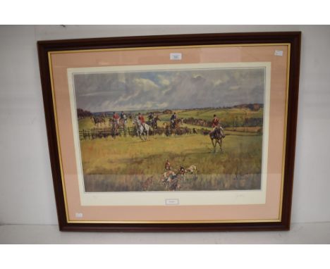 A signed John King limited edition print of the Quorn Hunt with Prince Charles, Chelsea Green stamp to bottom left