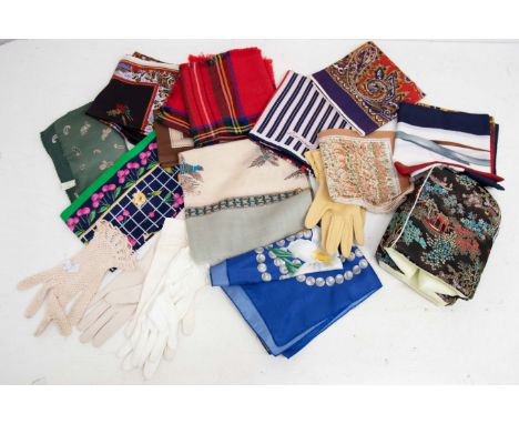 A collection of scarves from 1940s to 1970s, to include: various different squares in red, white, navy, beige, lovat greens, 