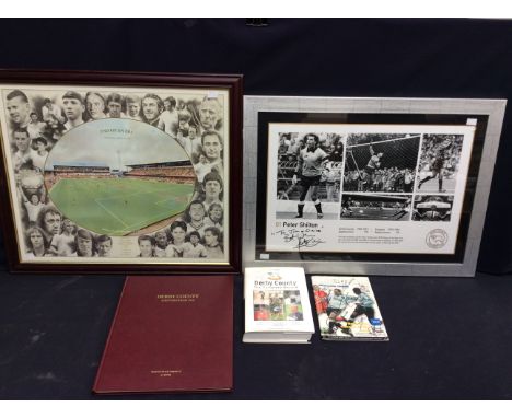 A small collection of Derby County football memorabilia to include; a framed and glazed Peter Shilton hand signed picture dep