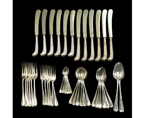 A Queen Elizabeth II six piece (place settings) Hanoverian pattern flatware service, comprising: table forks, table knives, d