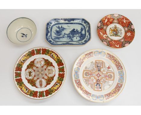 A small collection of mixed ceramics to include; a 19th Century Caughley blue and white transfer bowl, with blue crescent moo