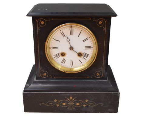 Late 19th century French black slate mantle clock, round face, 8 day with Roman numerals&nbsp;