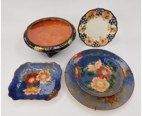 Collection of early 20th century Royal Doulton charger and bowls, matching flower detail, along with Grimwades luster fruit b