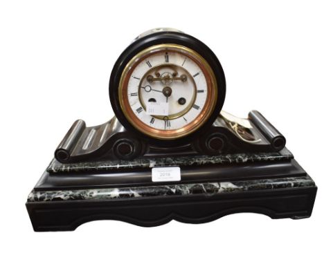 Late 19th century black state mantel clock, open round face showing partial movement, 8 day with bell, roman numerals