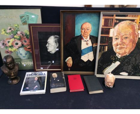  A collection of Sir Winston Churchill ephemera including books, bronzed bust, Kevin Francis jug, two oil on board paintings,