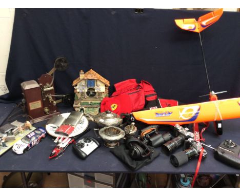 Two boxes of various items including models, plane, wall clock, hip flasks etc.