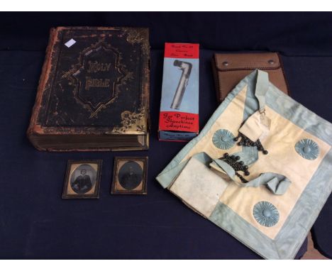 Large Victorian Bible, vintage shoe cleaner, 19th century photographs and masonic apron