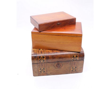 19th century walnut inlaid trinket box with lift out tray missing, but with key. Along with two other mahogany boxes.