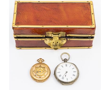 An early 20th century 14ct gold ladies open faced pocket watch comprising a gilt dial with Roman numeral indices, within a ra