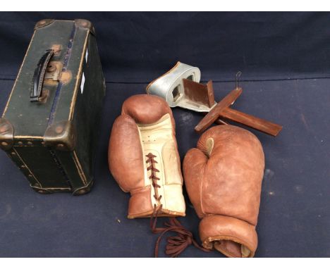 A pair of vintage boxing gloves, a Victorian 3D card viewer and a small early 20th century carrying case