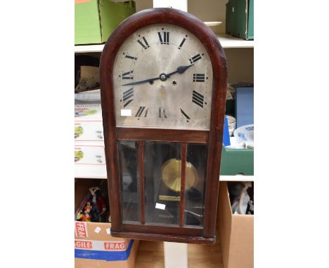 1930's wall hanging, 8 day arched wall clock with silvered arched face and roman numerals
