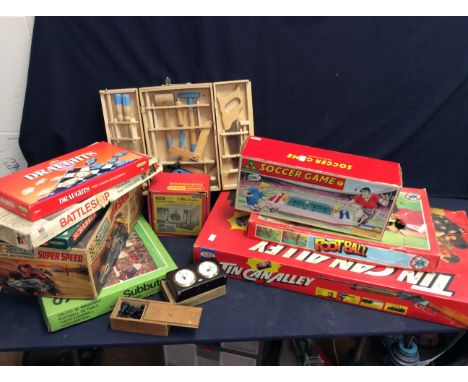 A collection of vintage toys and games to include Scalextric, Subbuteo, boxed Marvel figures, draughts, cars, etc.
