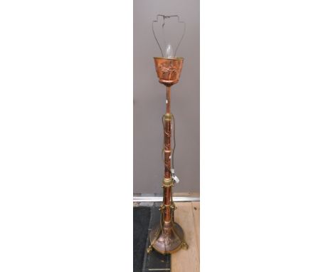 Art nouveau floor standing copper &amp; brass oil lamp, extendable, converted to electricity&nbsp;