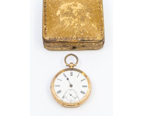 A ladies 9ct gold open faced pocket watch, comprising a white enamel dial with numeral indices, subsidiary dial at 6, case ap