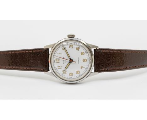 A vintage Enicar Sport steel cased manual wind wristwatch, comprising a signed white enamel dial with painted lume Arabic num