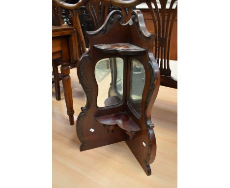 Late 19th century mahogany wall hanging shelf with tiled front, table screen and wall hanging corner shelf with oval mirror