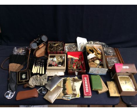 A collectors lot to include; boxed opera binoculars, boxed Smiths alarm clock, compact, small collection of stamps, inkwell, 