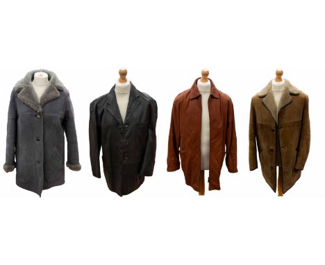 A collection of sheepskin coats to include: a large men's one, mid-brown with camel-coloured buttons, edged in brown leather 
