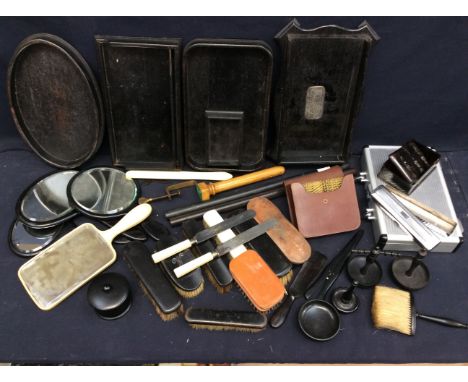 A collection of vanity table wares. i.e. ebonised dressing table set brushes etc along with a Spanish print