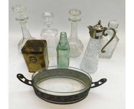 Collection of early to mid 20th century glass decanters, condiment bowl, tin and vintage pop bottle.