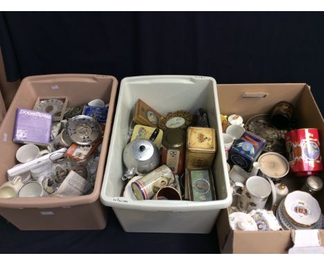 Three boxes of various commemorative ceramics, tins, trinkets and memorabilia including bits by Wedgwood and Hammersley etc.&