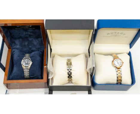 A collection of Rotary wristwatches to include a ladies version, with black dial and stone set bezel and lugs on leather stra